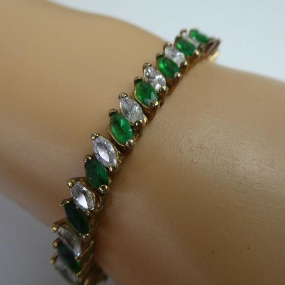 Edco Vintage Green White Rhinestone Tennis Bracelet W/ Safety Chain Gold Sparkly - Picture 5 of 8